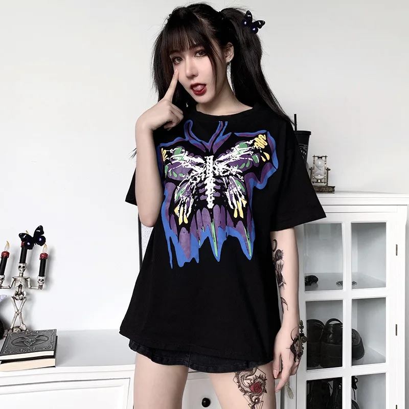Black Punk Rock Women Cool T-shirts Basic Tshirt Top Print Hipster Hip-hop Casual 2020 Summer Lady O-neck Short Jersey Regular