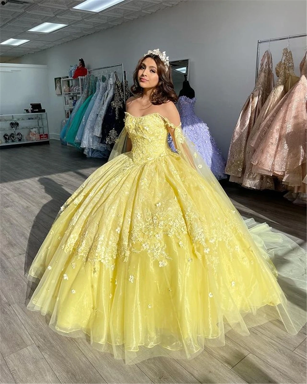 2021 Yellow Ball Gown Quinceanera Dresses Prom Gowns 3D