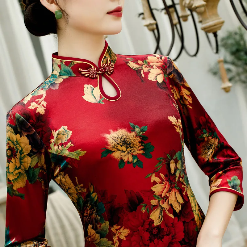 С принтом три четверти рукав cheongsam женское платье вечернее платье бархат vestidos китайское платье свадебное платье Размер M-4XL