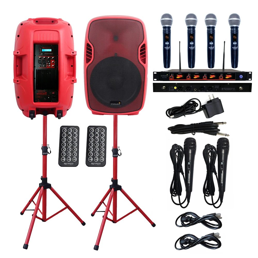

STARAUDIO 2X 3500W Powered 15" Disco PA Active Speakers DJ Stage Stands 4 Channel UHF Wireless IR Handheld Microphone SSRM-15