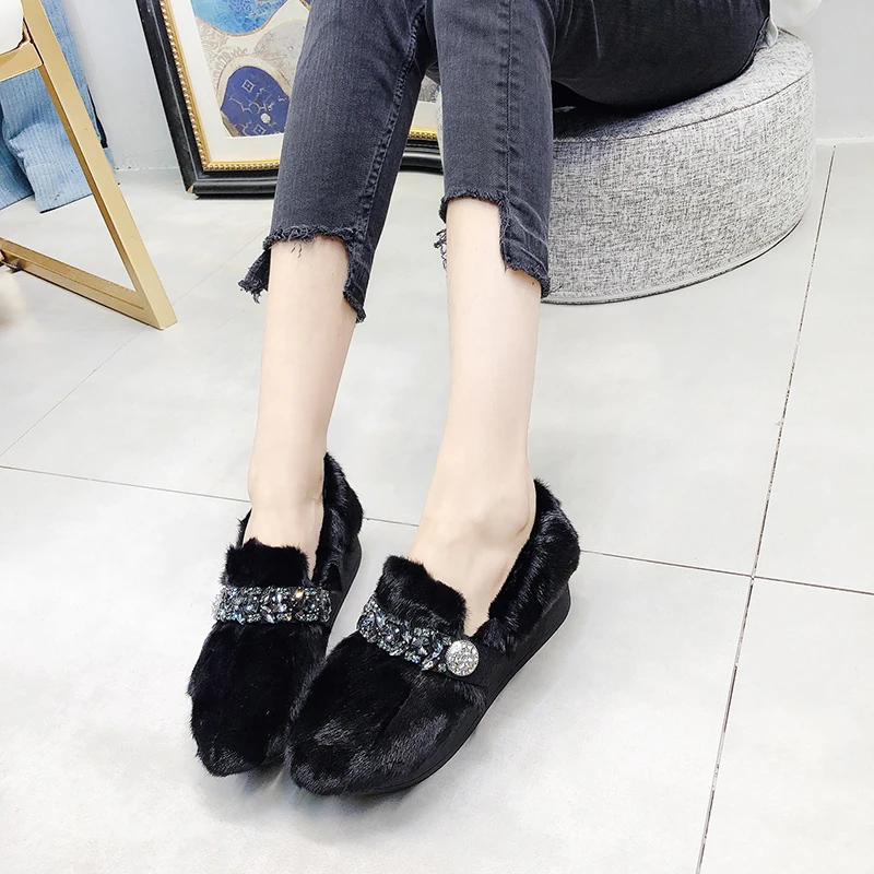 [DEAT] Round Toe Shallow Mink Fur Crystal Velvet Shoes Wedges Heels Shoes Women New Autumn Winter Fashion Tide 10F002