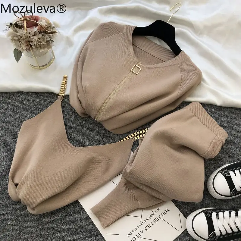 mozuleva  Women 2020 Autumn Winter Knitted  Vest Zipper Cardigans Pants 3pcs Sets Tracksuits Outfits
