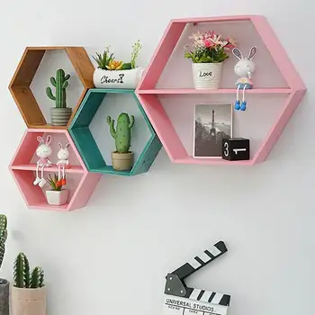 

Nordic Style Wooden Decor Wall Mount Hexagonal Frame Books Toys Flower Pot Storage Shelf Holder Figurines Display Crafts Shelves