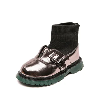 

Girls Boots 2021 Spring Girls Japanese Style Knit Socks Leather Shoes Black Sliver Short Boots Princess Child Party Shoes D10233