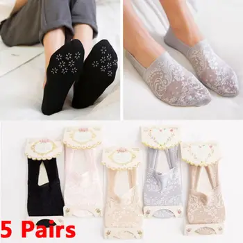 

5 Pairs Women Lace Socks Boat Invisible Anti-Skid Low Cut No-show Non-Slip Liner Sock Slippers
