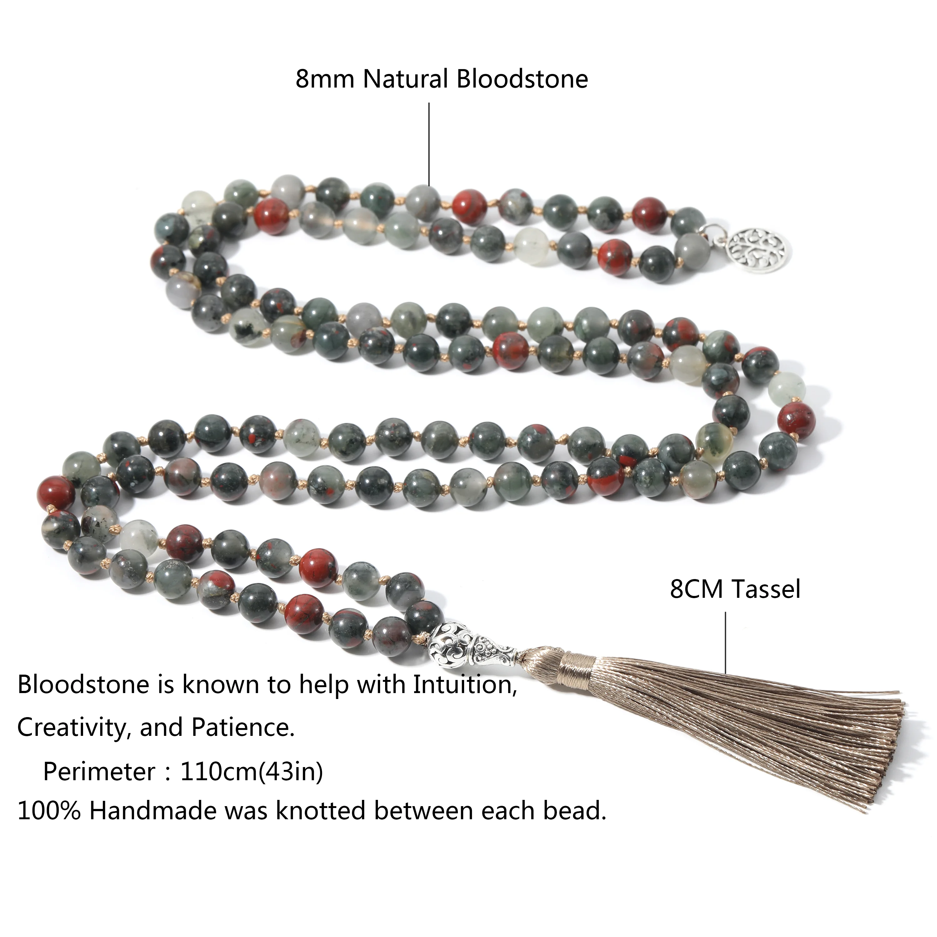 Natural Bloodstone 108 Mala Beaded Knotted Necklace Semi-Precious Meditation Yoga Japamala Jewelry with Tree of Life Pendant