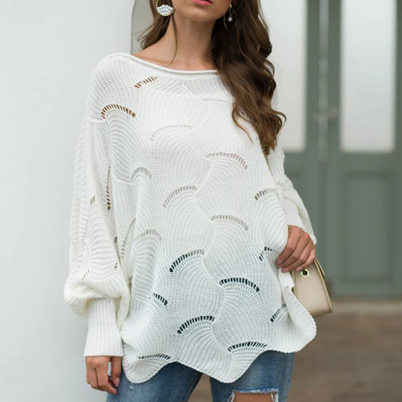 

2019 New Autumn Winter Women Loose Solid Color Pullover Sweater Hollow Out Hook Flower Bat Sleeve Thin Jumpers Sweater Plus Size