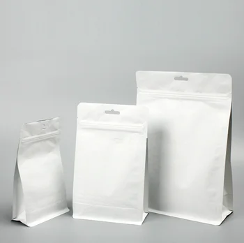 

50pcs White Stand up Paper Bag Coffee Beans Nut Food Cookie Packaging Ziplock Bags White Gifts Hanging Storage Bag