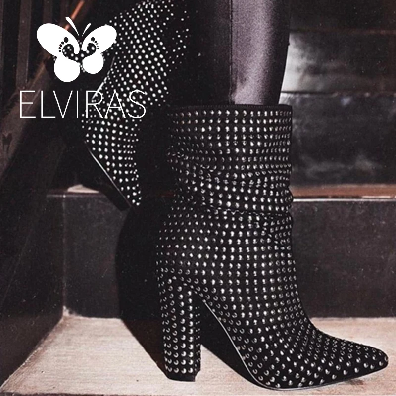 

ELVIRAS Rhinestone high heel ladies zipper pointed thick with sexy rivet motorcycle boots