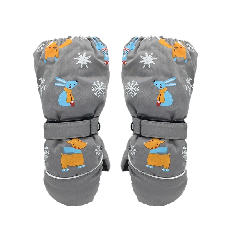 Утолщенные детские зимние лыжные перчатки с принтом Детские Зимние варежки водонепроницаемые ветрозащитные митенки детские Нескользящие расширенные наручные перчатки - Цвет: Gray