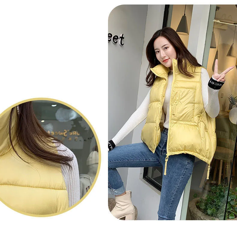 Winter Woman Down Cotton Short Vest Coat Yellow Stand Colloar Sleeveless Jacket Large size Waistcoat Korean Style Gilet Femme petite long puffer coat