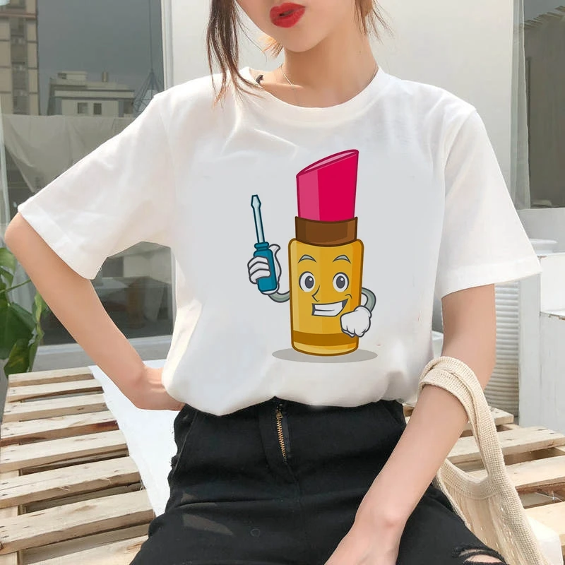 Women's T-shirt Lipstick cartoon im Print T-shirt Clothes White TShirt Harajuku Graphic T-shirt Fashion Landscape T-shirt Female