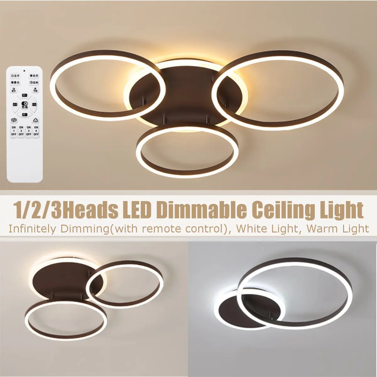 

1/2/3 Heads Modern Rings LED Ceiling Lights Fixture 220V Remote Dimmable Plafond Ceiling Lamp Home Restaurant Bedroom Decoration