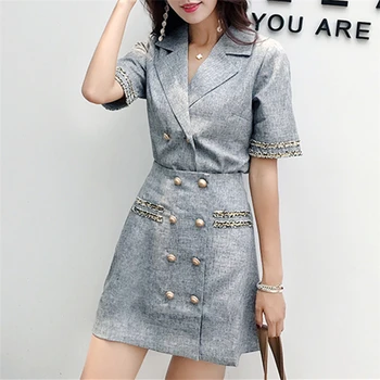 

ZCWXM 2020 New Summer Woman Sets 2 Pieces Matching Short Skirts Double Breasted Casual Outfits Office Lady Slit Suit New