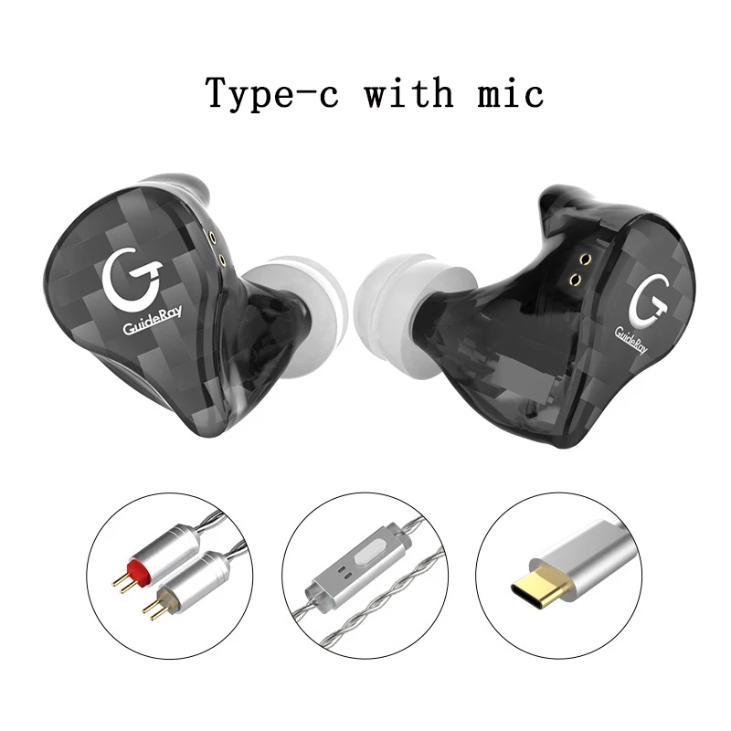 НОВЕЙШИЕ Наушники GuideRay серии GR-i DD+ BA Hybrid Hi-Fi в уши с кабелем 0,78 мм GR-i18/GR-i58/GR-i68 типом с микрофоном - Цвет: black  type-c mic