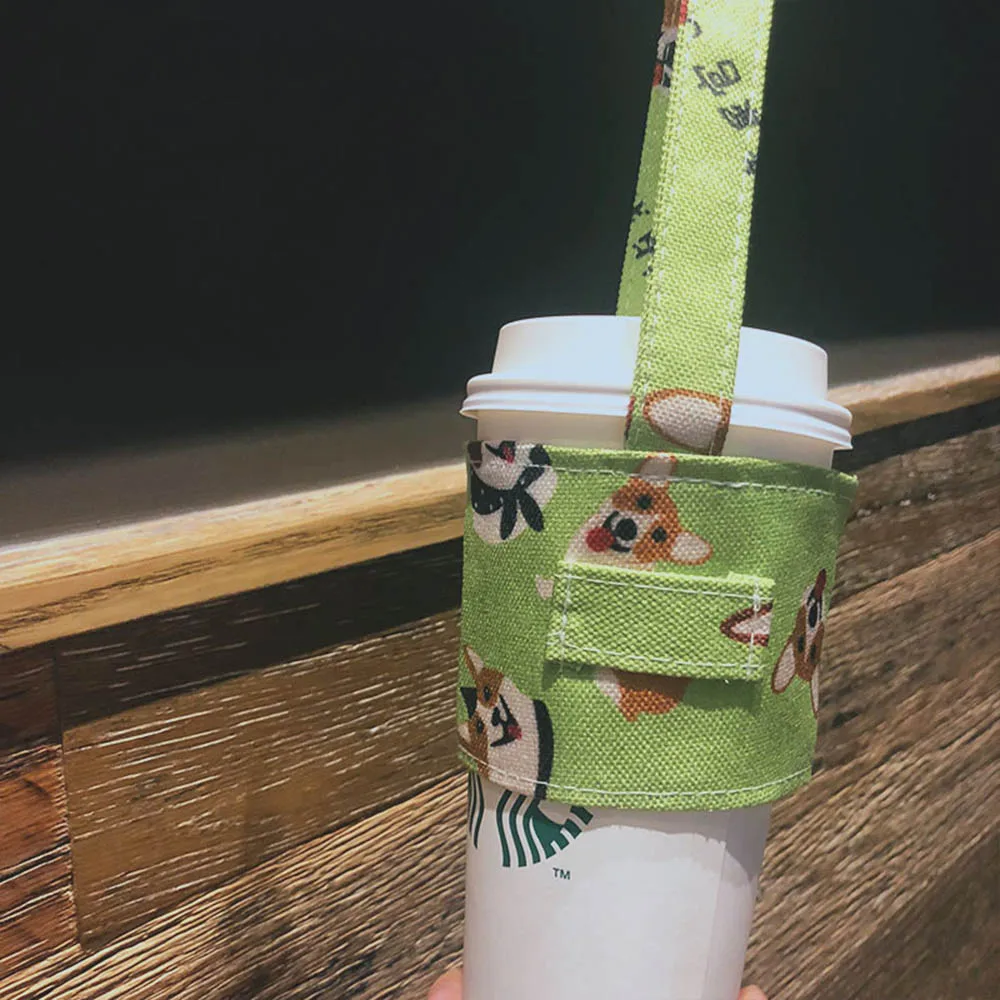 Переносной подстаканник чехлы на бутылки кофе для чайной кружки ремень сумка животные Растения Женский напечатанный холст чашки набор через плечо - Цвет: Светло-зеленый