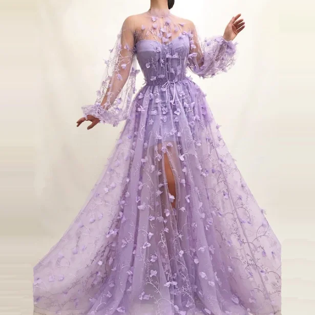 Vestidos elegantes Lavender вечерние платья трапециевидной формы с длинными рукавами ручной работы с цветочной аппликацией с высоким воротом С Боковым Разрезом платья для выпускного вечера