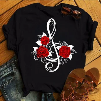 New Harajuku Women's T-shirt Fashion Creative Reose Musical Note Printed T Shirt Casual Shirt Short-sleeved Female Tshirt 1