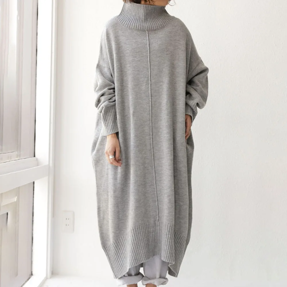 Женское осенне-зимнее плотное длинное платье-свитер с высоким воротником, женские платья с длинным рукавом, прямые вязанные платья-пуловеры, однотонные Простые платья