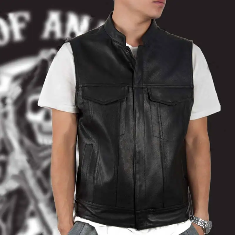 ZOGGA Men Vest Black Biker Motorcycle Hip Hop Waistcoat Male Faux Leather Punk Solid Black Spring Sleeveless Leather Vest