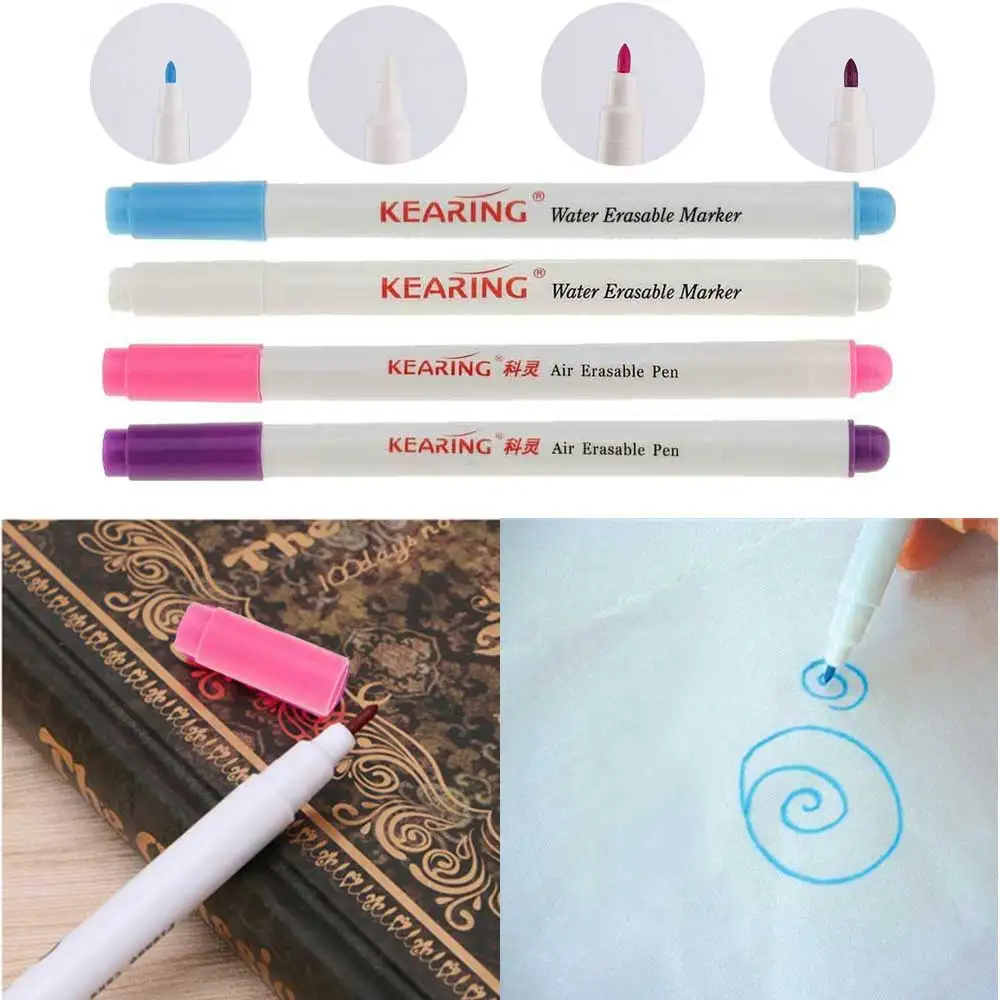 Pack of 4 Water Erasable Marking Soluble Pens Air Erasable Pen Auto Vanishing Pens Fabric Marker for Sewing Blue White Purple