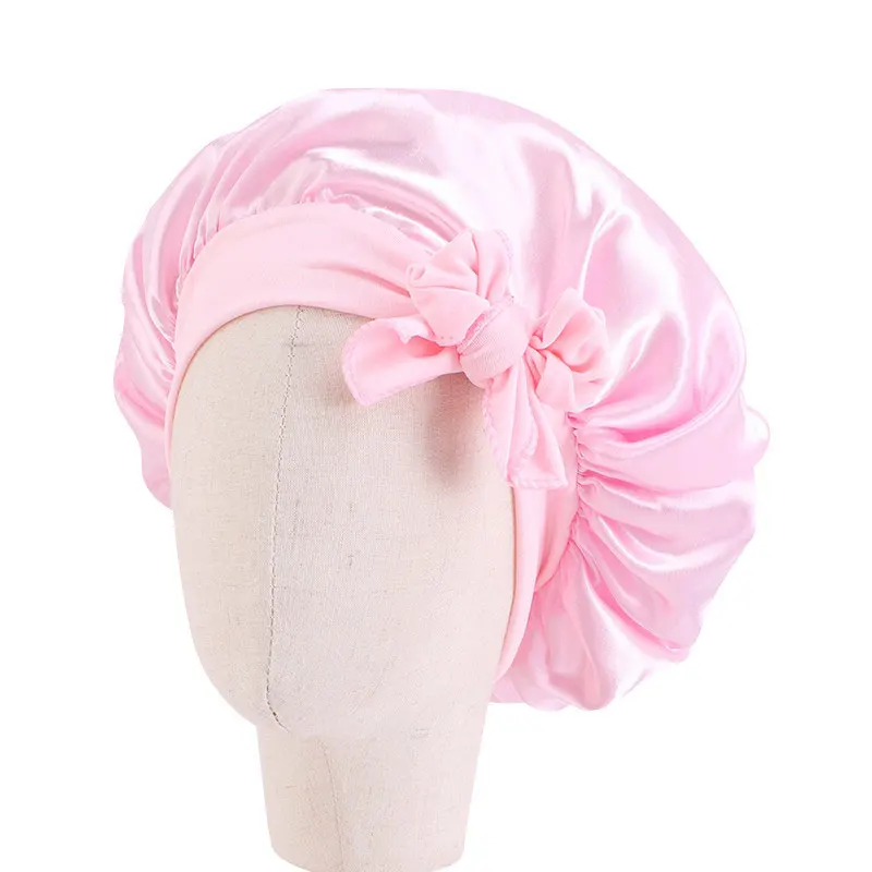 Kids Satin Solid Color Sleeping Hat Night Sleep Baotou Cap Cute Bow Elastic Hair Care Bonnet Nightcap Bonnet Turban Headwear