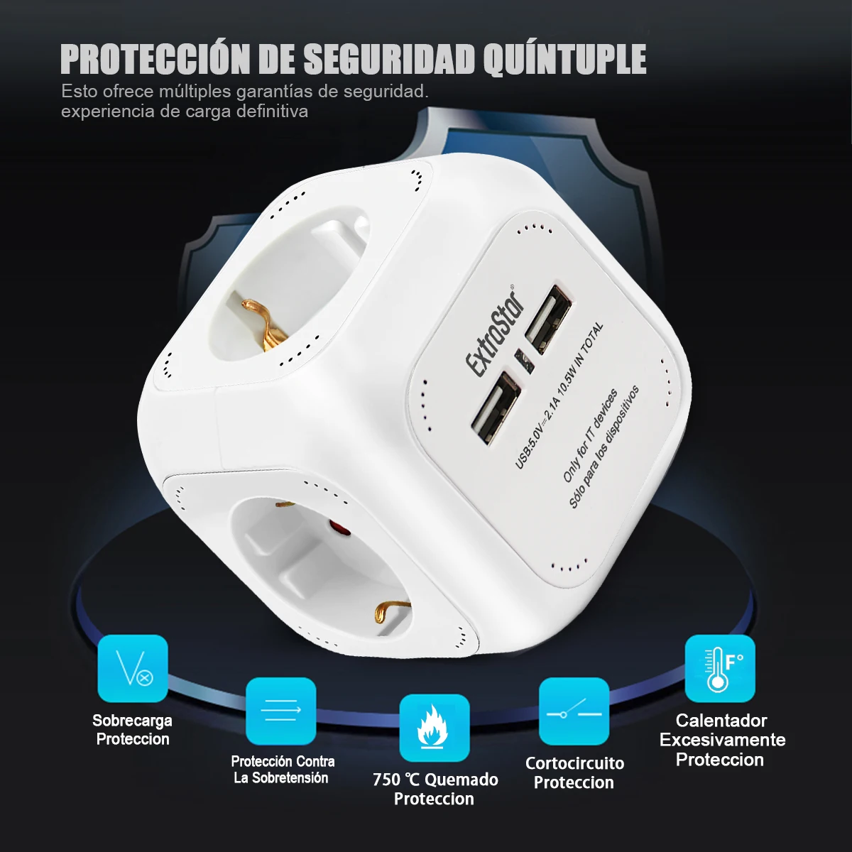 ExtraStar®Power Cube Cable 1.5 m Power Strip 4 Outputs, with 2 for USB charging 5V/2.1A, white/blue/red/mixed