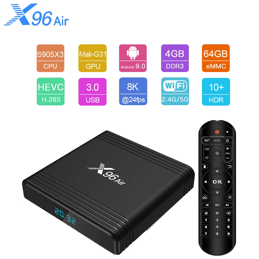 X96 Air Android 9 0 Smart tv Box 8K 64-бит Четырехъядерный 4 Гб 64 медиаплеер UHD 2 4G/5G WiFi Bluetooth Airplay