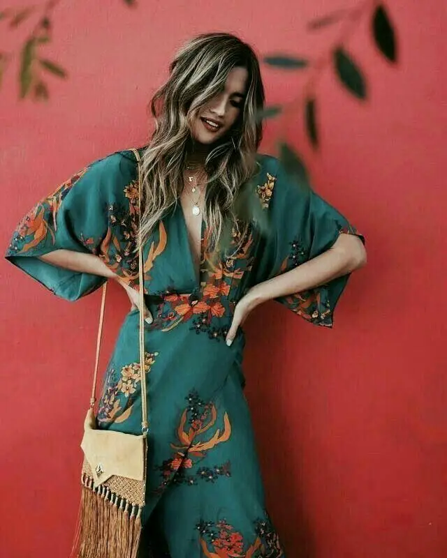 

Dress 2019Top Fashion Women Sexy Deep V-Neck Print Slit Irregular Flare Sleeve Long Dress