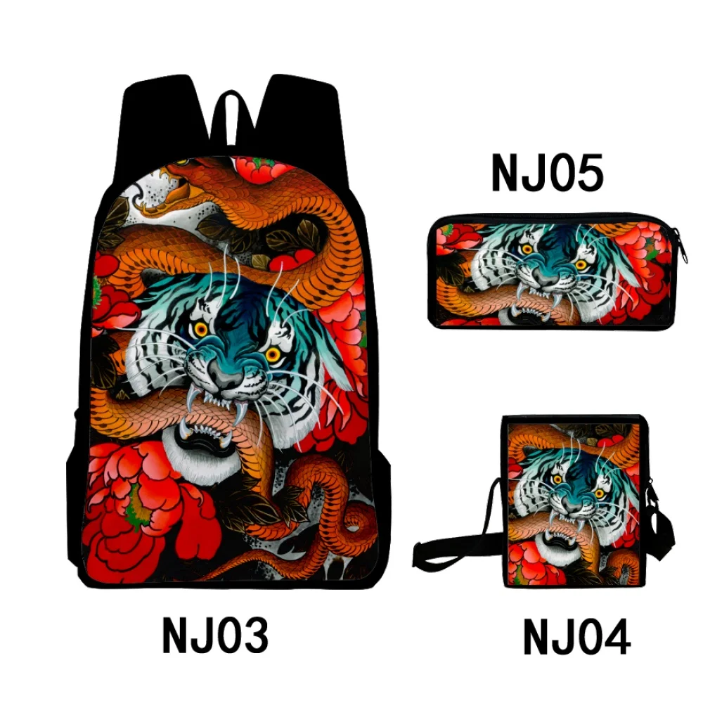 Backpack 3 Piece Set Tiger Animal 3D Printed Oxford Waterproof Large Capacity Teenager Boys Girls Students Scholol Bag Custom