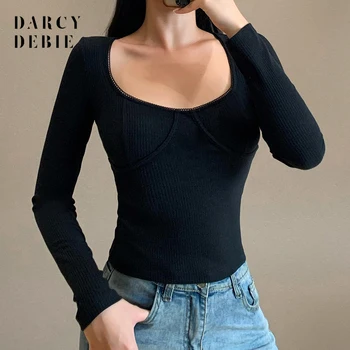 

Darcydebie Autumn Women's Clothes New Long Sleeve Sexy Square Collar Manifestation Chest flower Collar Top