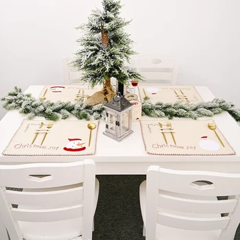 

4Pcs Christmas Santa Snowman Placemat Layout Burlap Embroidery Tablecloth Potholder Christmas Decorations 46X46Cm