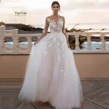 

Elegant Floral Appliques Wedding Dresses Three Quarter Scoop Neck Backless A Line -Court Train Tulle Bridal-Gown Vestidos De Nov