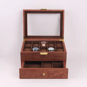 

Double layer design top quality brown color men home wooden watch box 10 grids watch storage