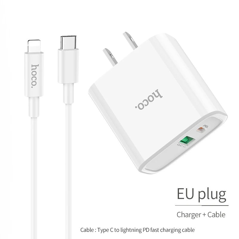 HOCO 18 Вт USB PD быстрое зарядное устройство адаптер QC3.0/2,0 быстрое зарядное устройство с type C к Lightning Кабель для быстрой зарядки - Тип штекера: US charger add cable