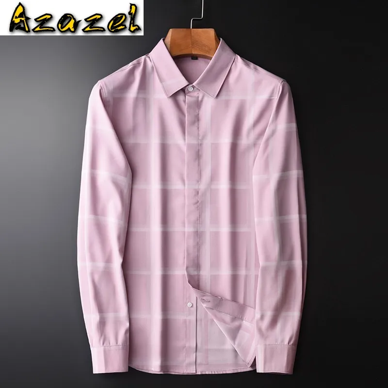 

Azazel Pink Mens Shirts High Quality Long Sleeve Yarn Dyed Plaid Casual Male Shirts Fashion Slim Fit Man Shirts Plus Size 4xl