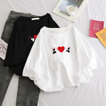 

Printed Kawaii Tshirt Women Cute Cartoon Casual Tops Female Simple Short Sleeve Girls Tshirts Summer Red Love Korean Clothes New