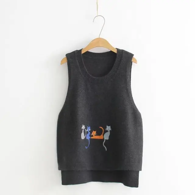 

Spring New Style Korean-style WOMEN'S Wear Cat Embroidery Slit Crew Neck Sleeveless Pullover Knitting Shirt Sweater Vest S6935