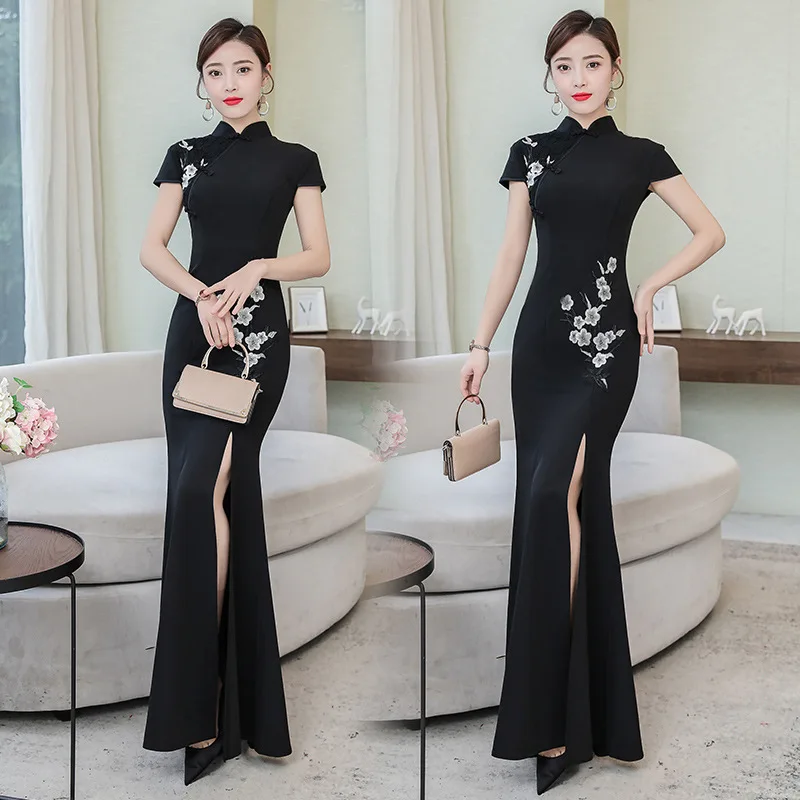 

Spring And Summer Black And White with Pattern Fishtail Osteoclasts Cheongsam Improved Version Dress Long Elegant Chinese-style