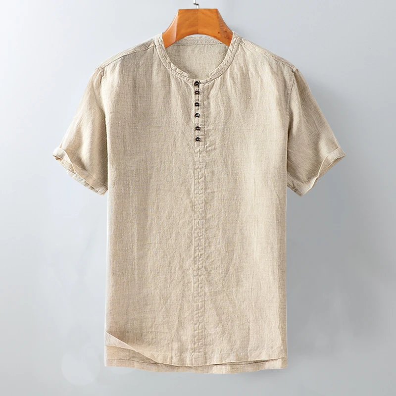 

100%Linen Short Sleeve Shirts Men 2020 Summer Collarless Solid White Khaki Casual Pullover Shirt