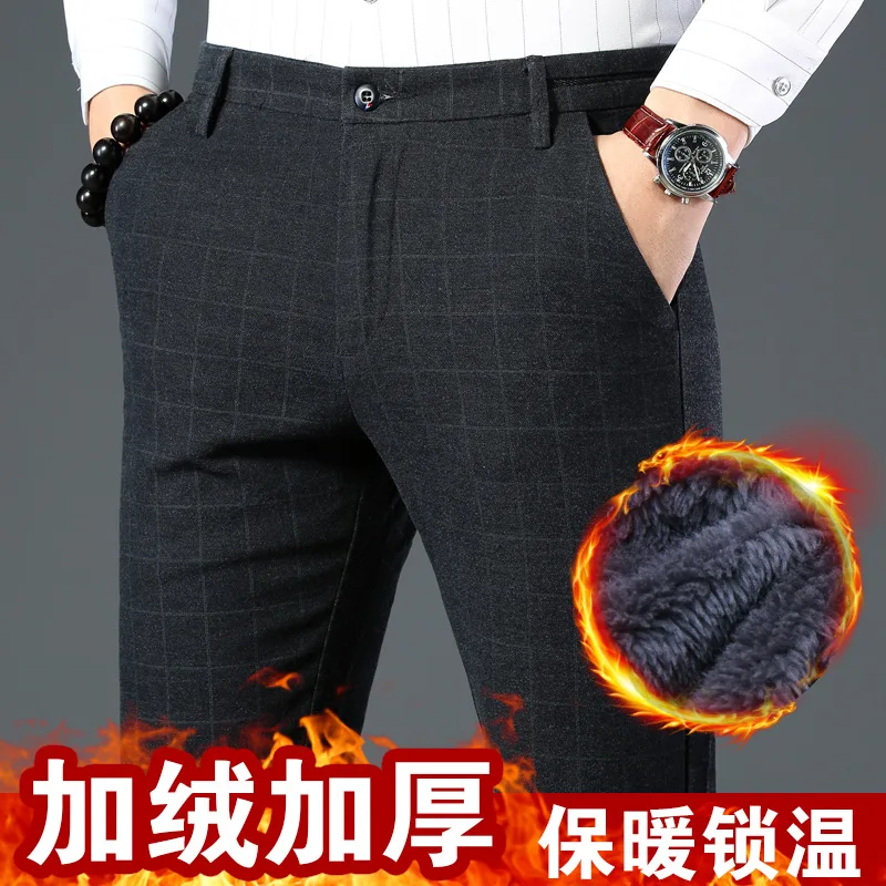 Черный New Fashion Men Warm Velvet Plaid Pencil Pants Male Skinny Casual Solid Color Trousers Black Blue Business Stretch Thick Pants - Цвет: Черный