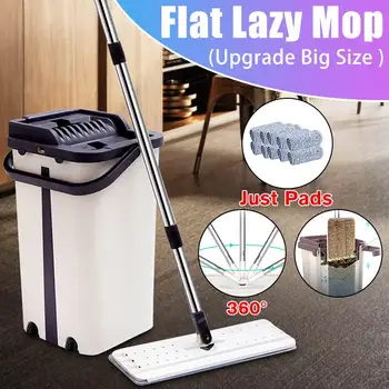 

Flat Squeeze Mop With Bucket Hand Free Wringing Floor Microfiber Pads Wet Dry Dust Cleaning Lazy Mops Automatic Household Clean