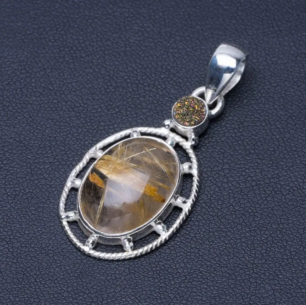

Natural Golden Rutilated Quartz and Druzy Punk Style 925 Sterling Silver Pendant 1 3/4" Q0538