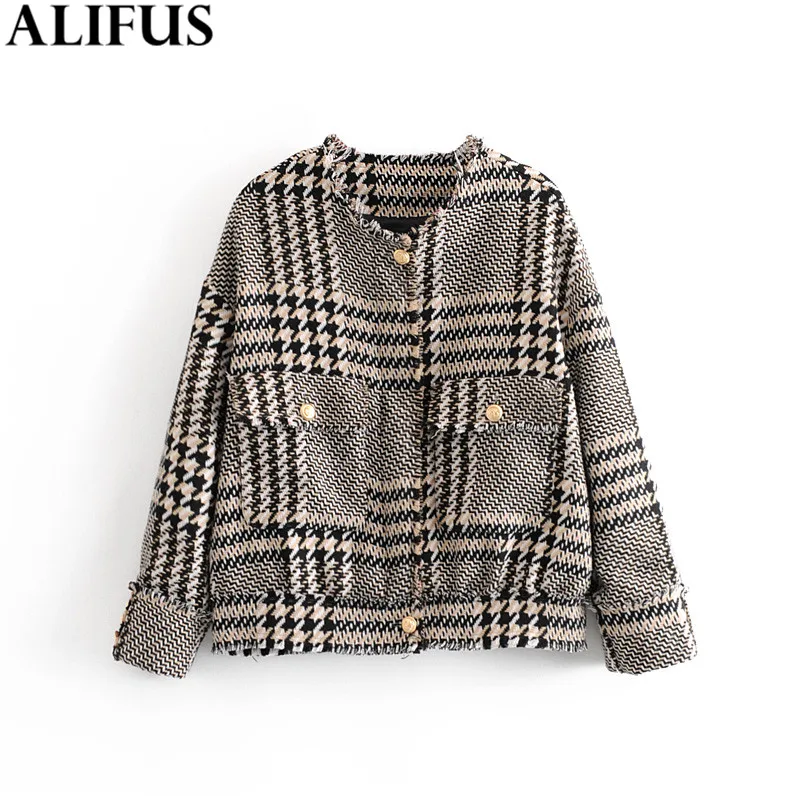 

Fashion Za Women Coat Casual 2019 Winter Plaid Single-breasted Twill Coats Long Sleeve O-neck Loose Warm Outwear Female Ladies
