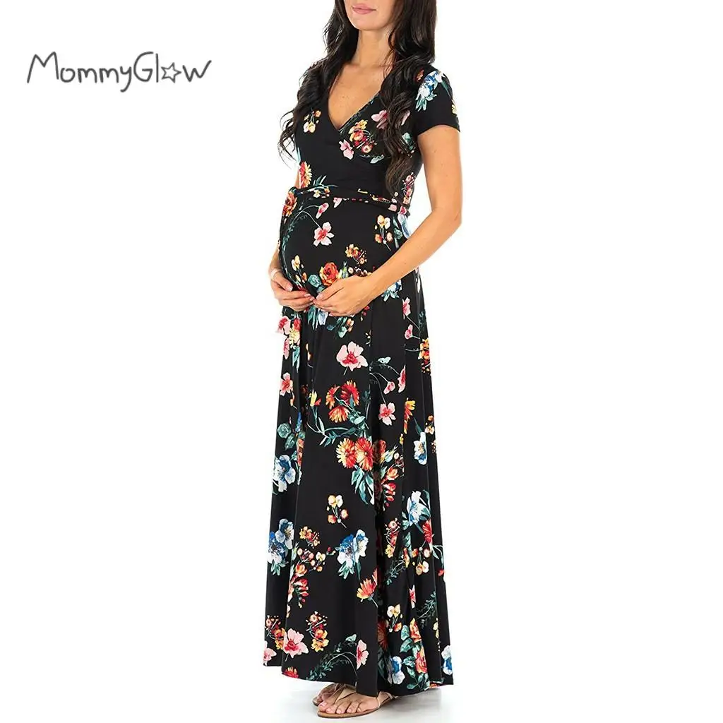 Prom-Clothes Long-Dress Maternity-Clothing Summer Pregnant-Women Floral-Printed V-Neck