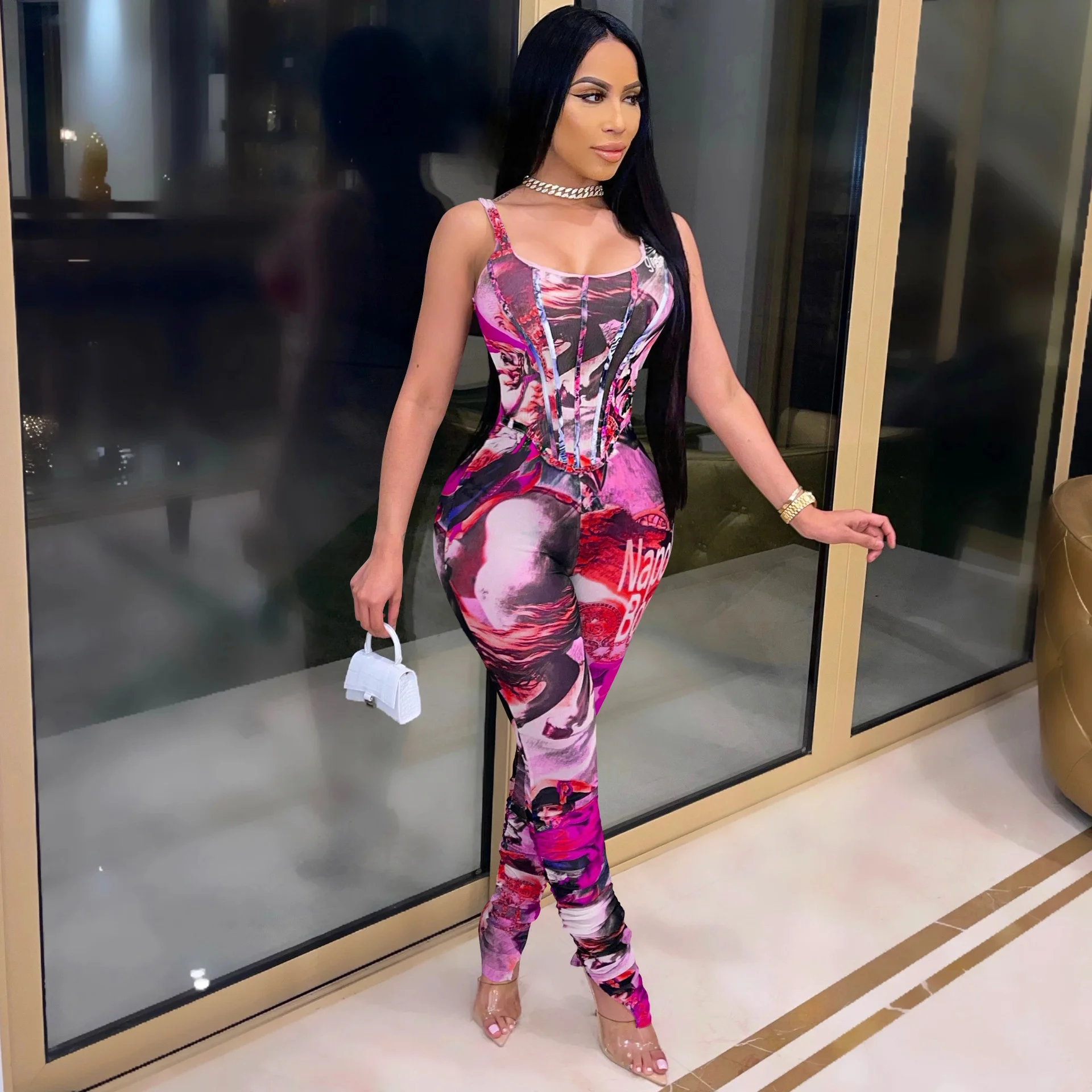 SUJYing New Fashion Digital Printing Sleeveless Sexy Suspender Long Sleeve Jumpsuit |