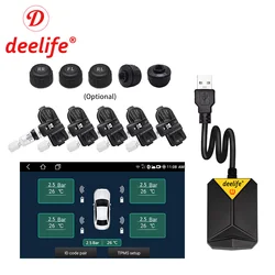 Deelife Reproductor de DVD y radio de coche, sistema reproductor de multimedia con supervisión de presión de neumáticos, neumático de repuesto, sensor externo e interno, conexión USB TMPS para vehículo