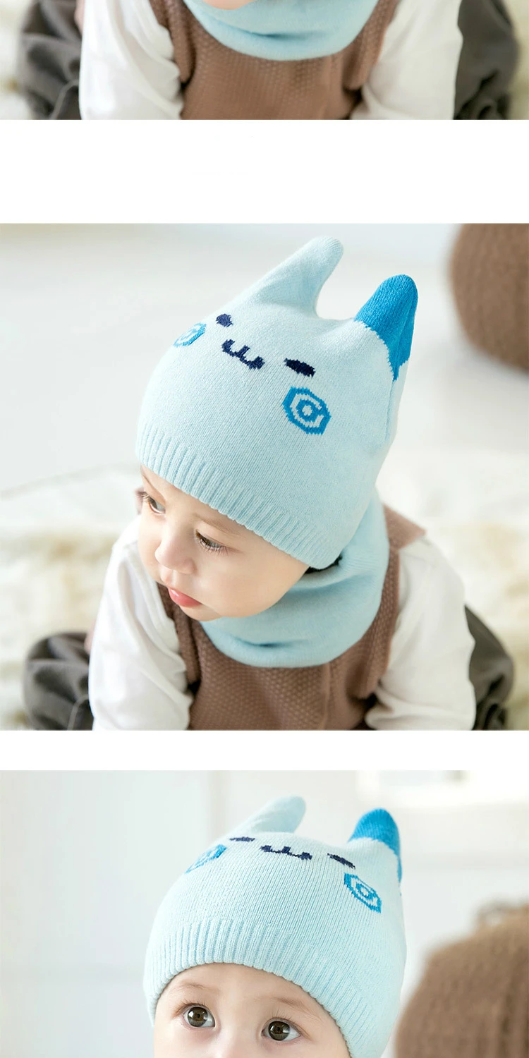 Детская вязаная шапка, шарф, комплект осенне-зимней одежды для малышей, милые шапки с котами, теплый и защищающий уши, вязаный костюм из