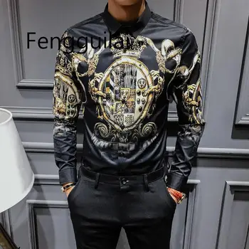 

2020 Black Gold Print Shirts men Baroque Slim Fit Party Club Shirt Men Camisa Homem luxury Long Sleeve Shirt Plus Size 4XL