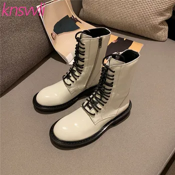 

Motorcycle Boots Women British Style Short Boots Round Toe Lace Up Flat Leather Ankle Boots Fashion Casual Knight Boots Woman